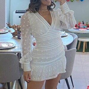 Romantic White Dot Lace Mini Dress V-Neck, Long Sleeve, Ruffle Hem Bridal Shower